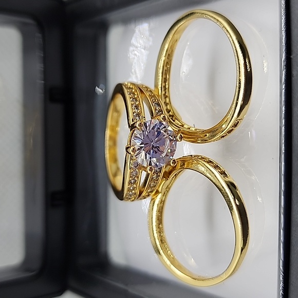 18K Gold Plated Zircon 925 Stamped 3-Piece Ring Set - Picture 5 of 14